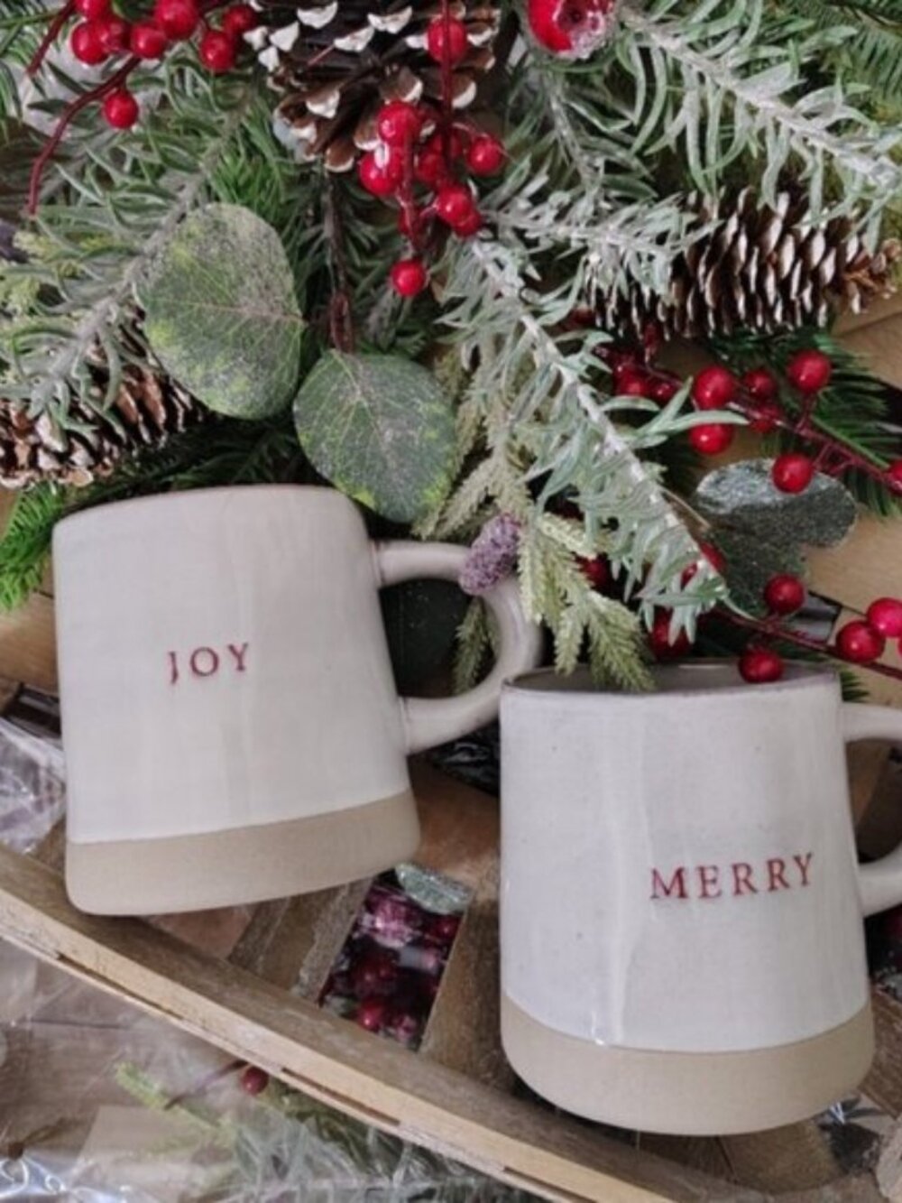Hearth & Hand Magnolia Stoneware Coffee Mug Set | 16 oz | Holiday “Merry & Joy”